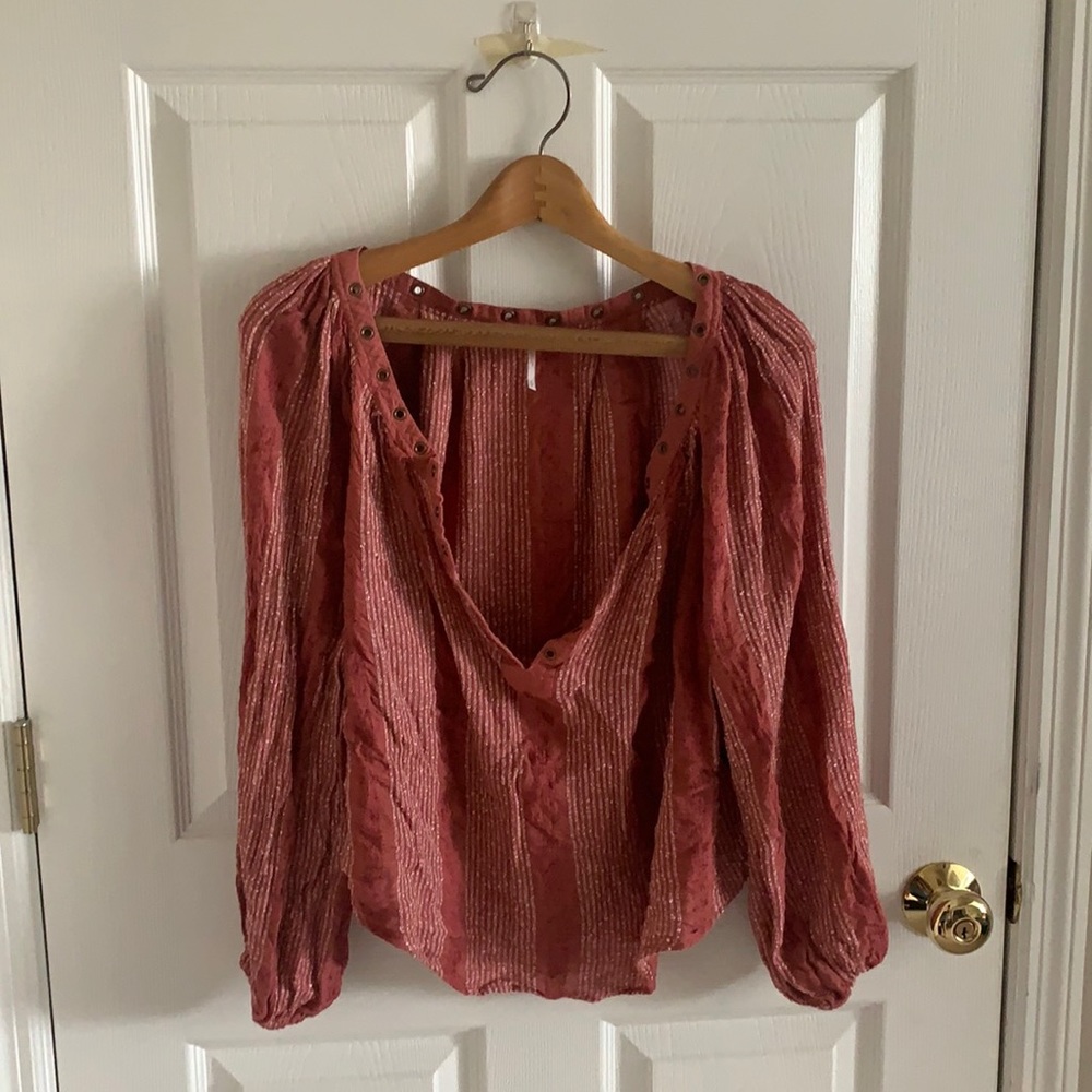 Free People Red Striped V-Neck Blouse With Metal Circular Cutouts Around Collar